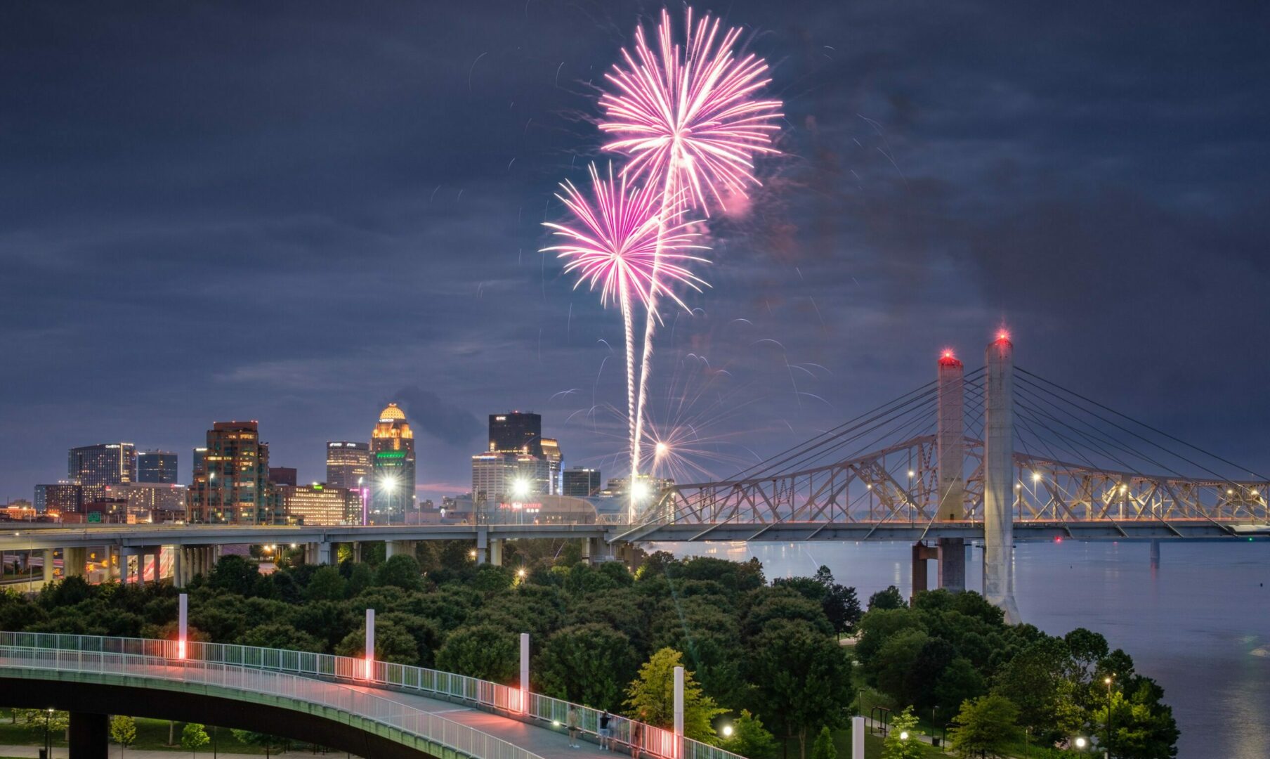 A view of fireworks from the Big Four Pedestrian Bridge