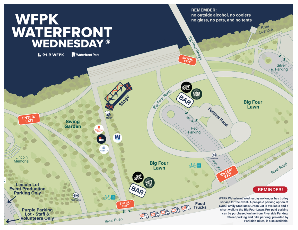 Map of the WFPK Waterfront Wednesday event at Waterfront Park showing the stage, Big Four Lawn, bars, food trucks, festival food vendors, restrooms, parking areas, bike parking, entrances/exits, and access routes near the Big Four Bridge.