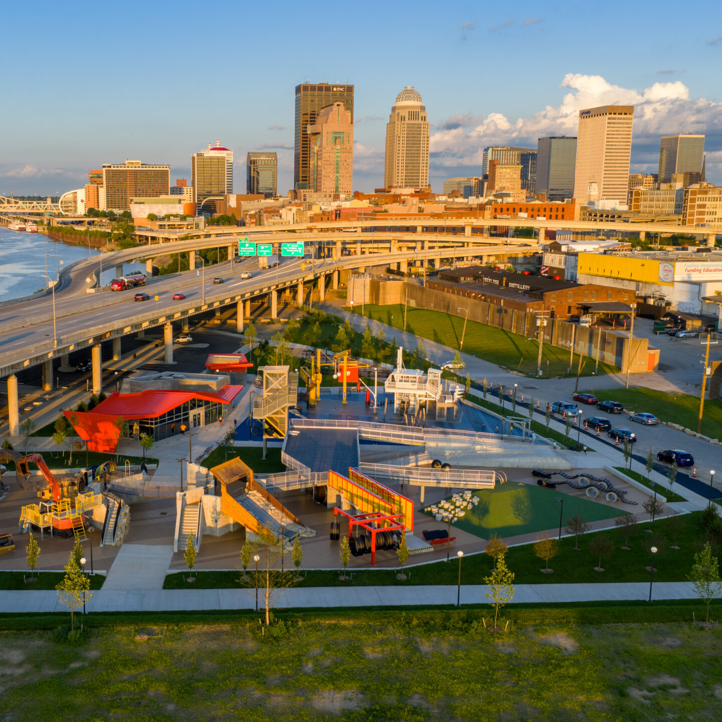 Sunset aerial view of the new PlayPort playground.
