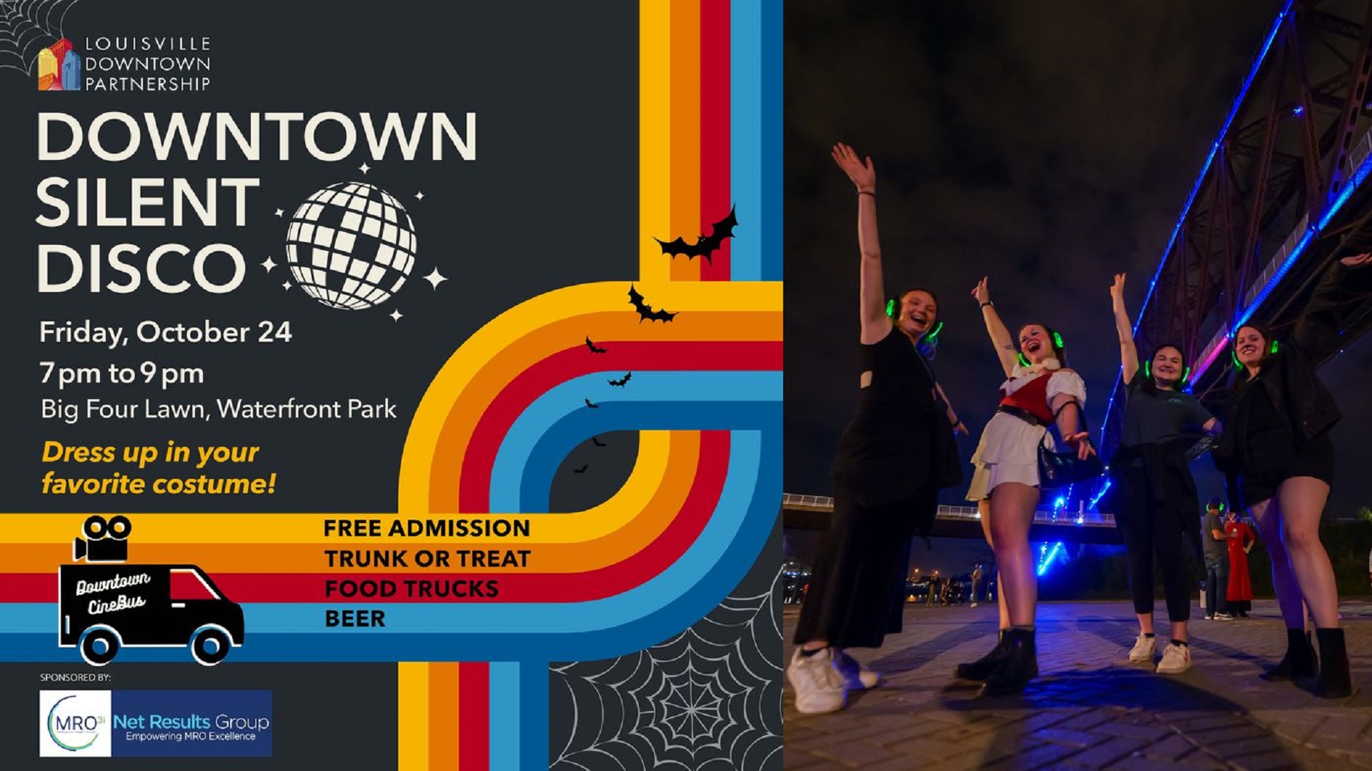 Downtown Silent Disco Friday, October 24 7pm to 9 pm Big Four Lawn, Waterfront Park Dress up in your favorite costume! Image of four women with silent disco headphones on dnacing.