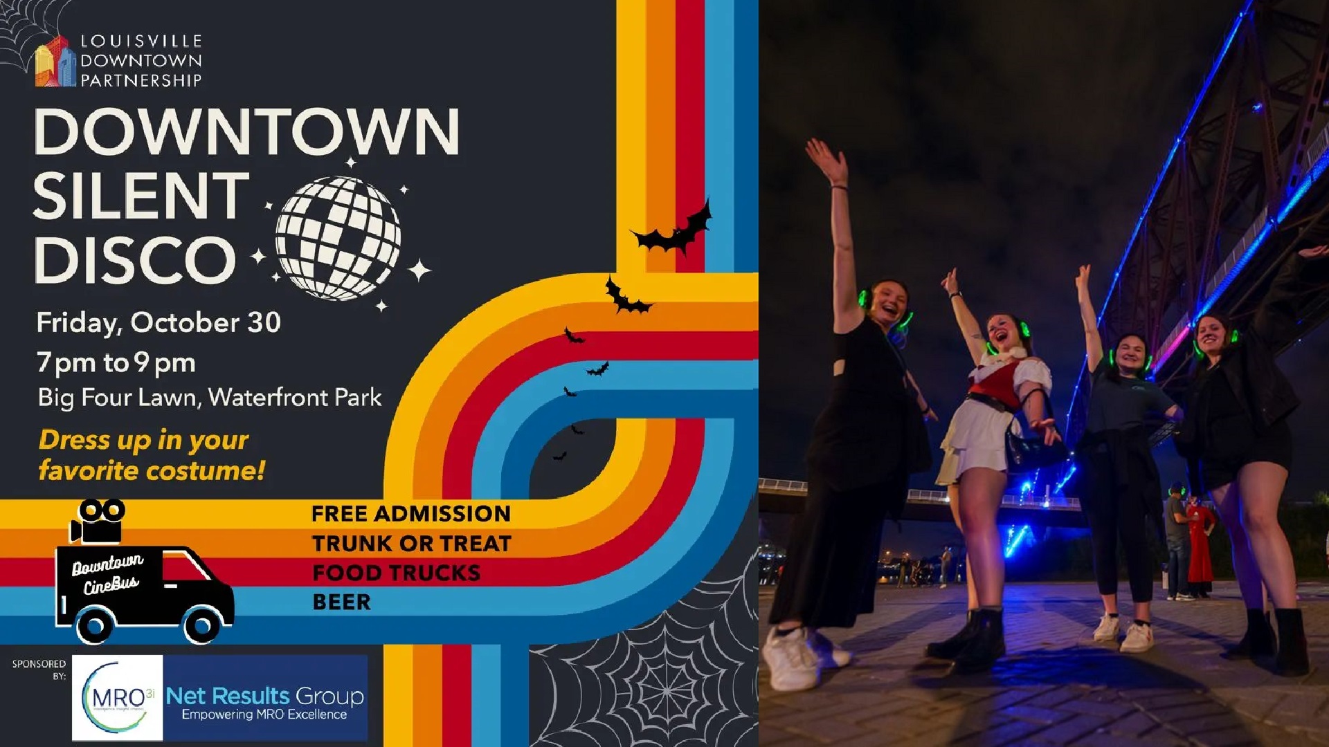 Downtown Silent Disco Friday, October 30 7pm to 9 pm Big Four Lawn, Waterfront Park Dress up in your favorite costume! Image of four women with silent disco headphones on dancing.