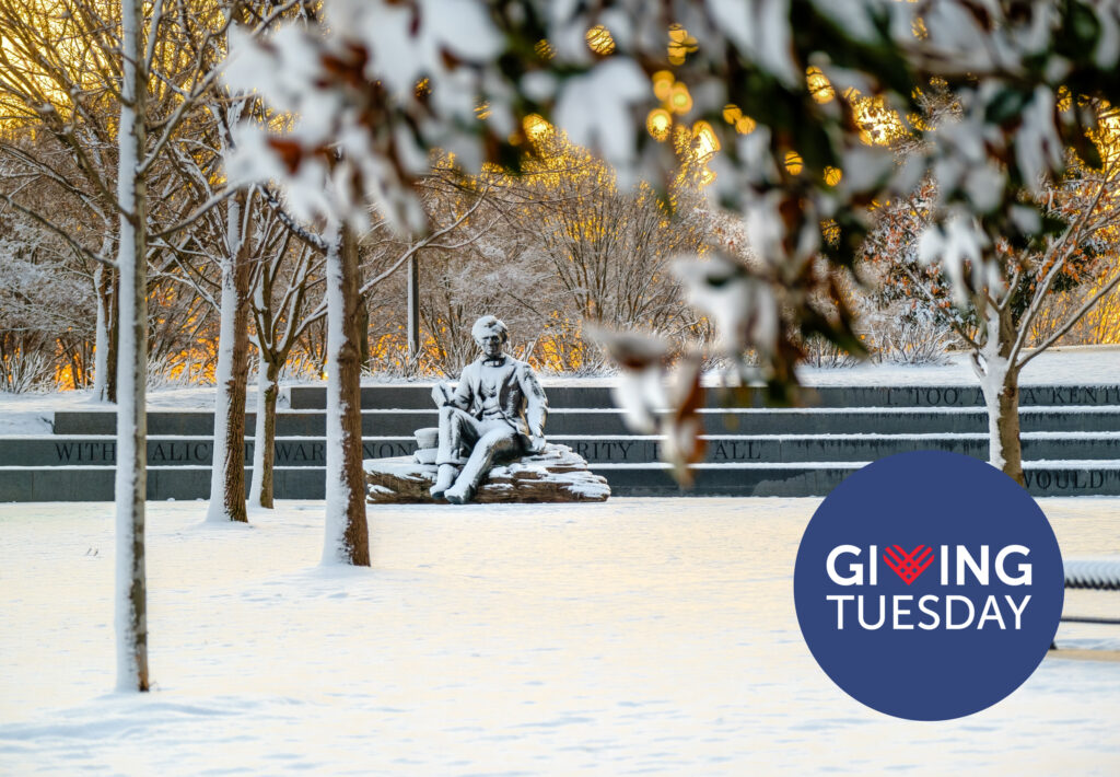 Winter view of Lincoln Memorial covered in snow with the Giving Tuesday brand logo in the bottom right-hand corner.
