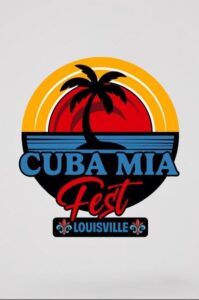 Palm tree with sunset background with text "Cuba Mia Fest Louisville"