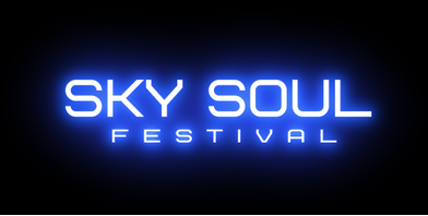 "Neon-style logo for the Sky Soul Festival with bright blue glowing text on a black background."