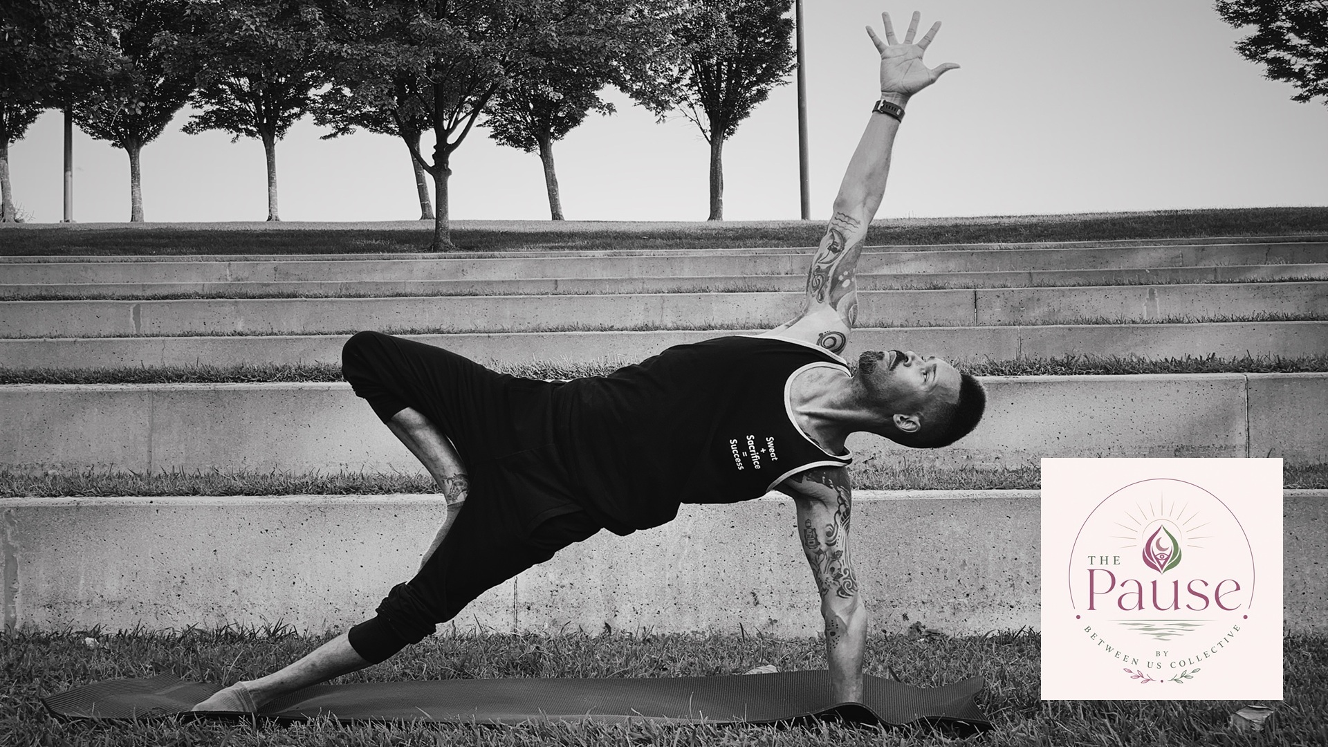 Person holding a side plank pose outdoors with “Sweat + Sacrifice = Success” on their shirt.