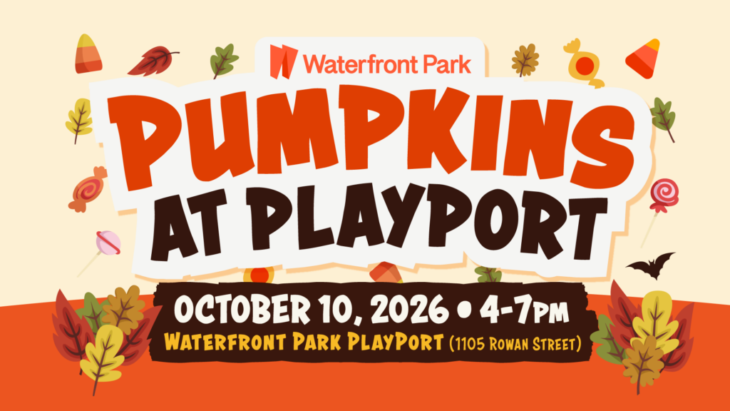 Fall event poster for ‘Pumpkins at PlayPort’ at Waterfront Park on October 10, 2026.