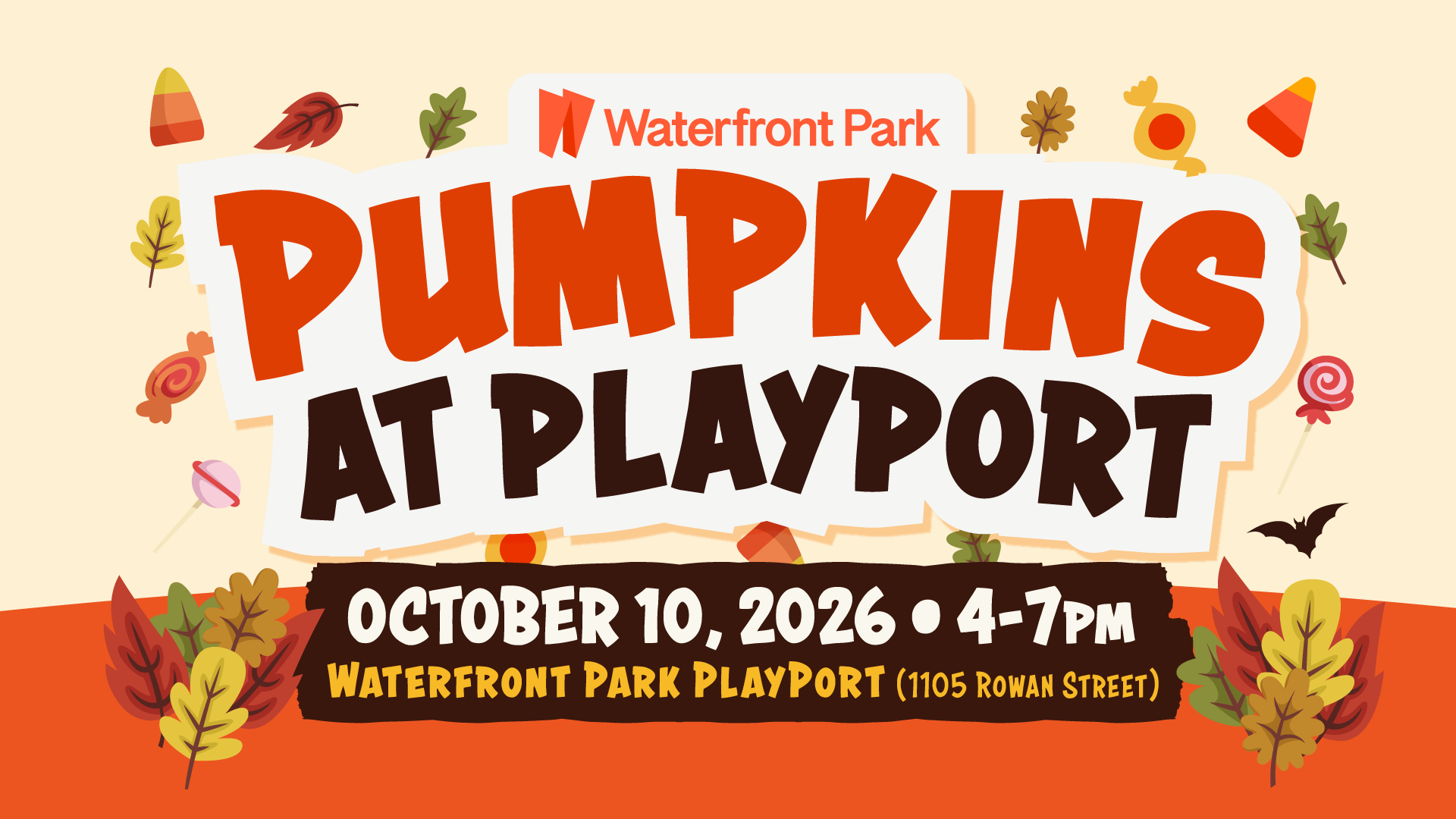 Fall event poster for ‘Pumpkins at PlayPort’ at Waterfront Park on October 10, 2026.