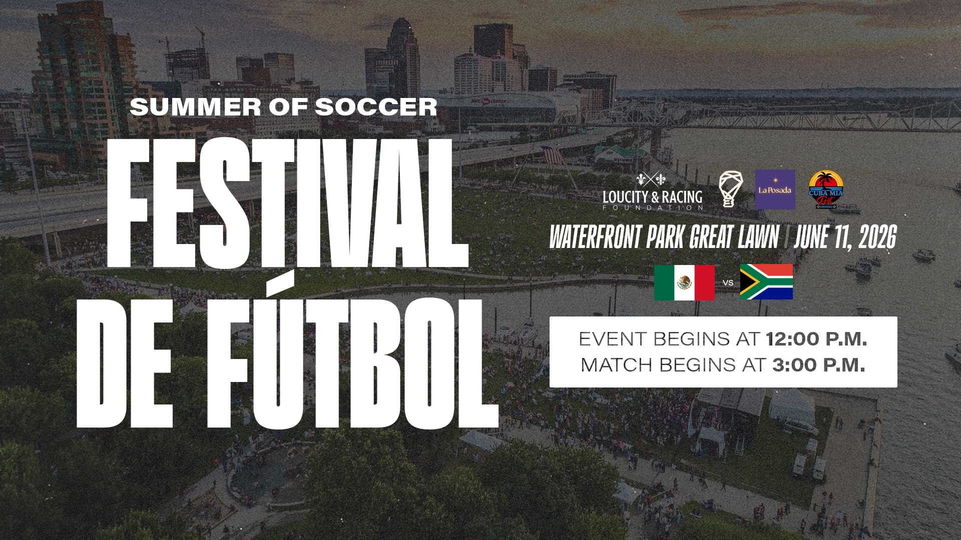 Watch party of World Cup promo image. Event takes place at Waterfront Park's TurfMutt Great Lawn on June 11.