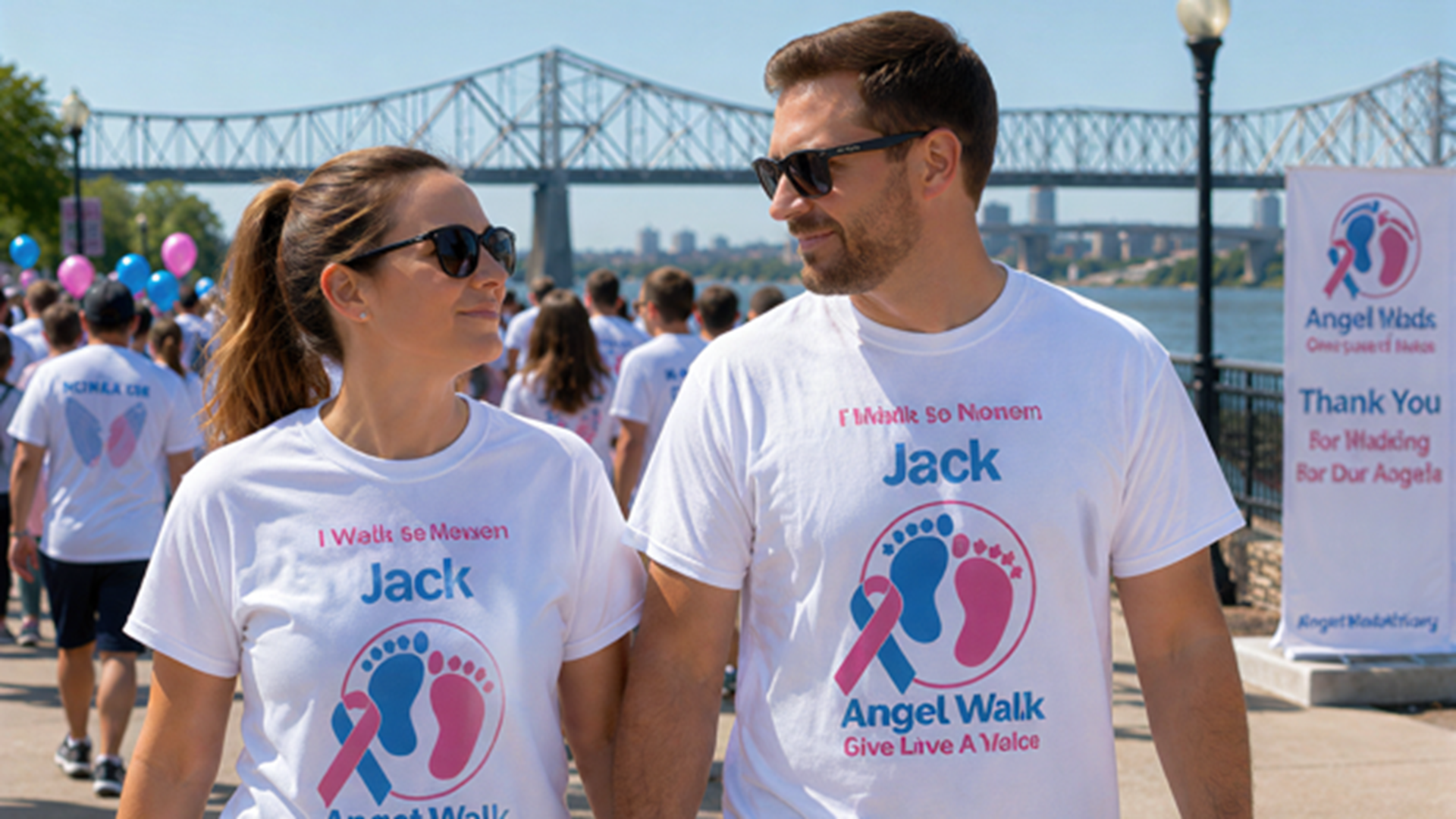 Participants walk along Louisville Waterfront Park during the Angel Walk fundraiser, with the Big Four Bridge visible in the background. Several participants wear event T-shirts featuring the Angel Walk logo and awareness ribbon.